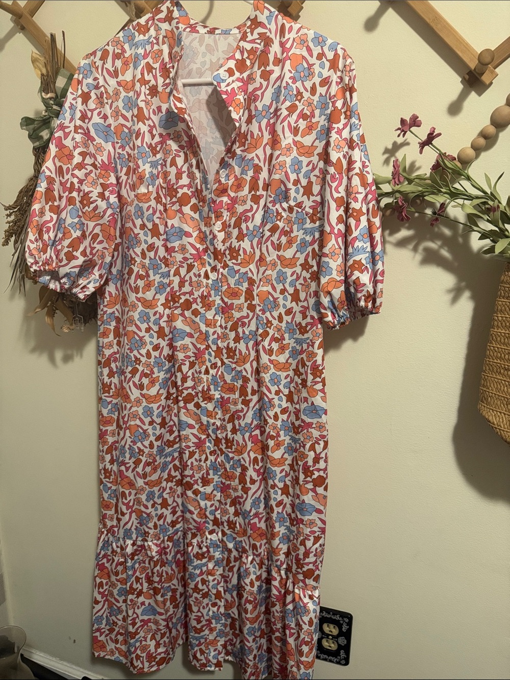SHEIN White Midi Dress with Orange & Blue Floral Print